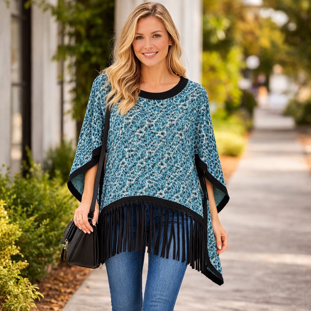 Tyler Boe Teal Animal Print Fringe Poncho Cape Top Size XS-L